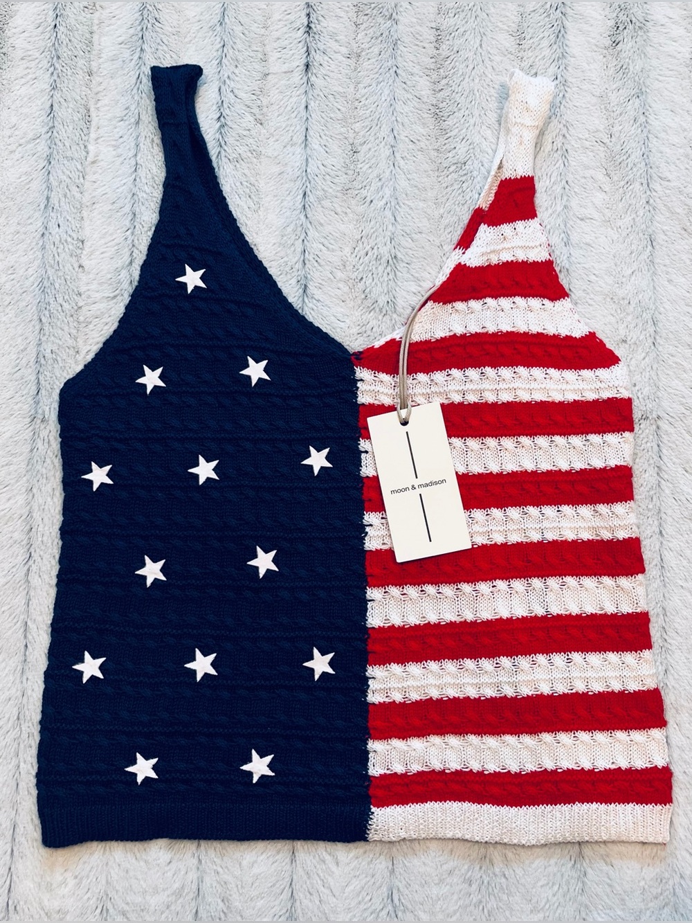 moon & madison Red White Blue Knit Flag Tank